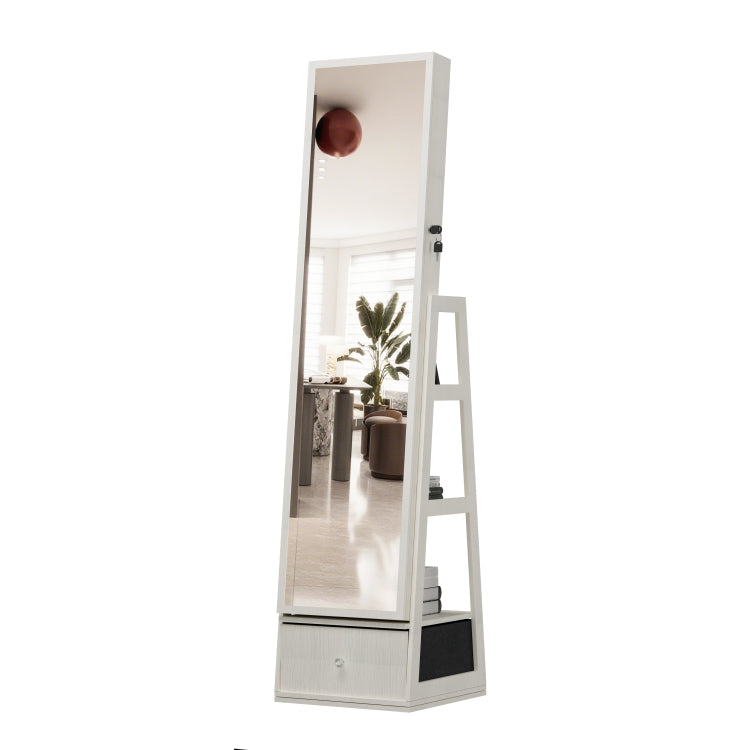 360 Swivel Jewelry Cabinet With Full Length Mirror, 360 Rotating Standing Jewelry Armoire Organizer, Lockable Storage Cabinet, Interior Lighted Mirror And Storage Drawers, White