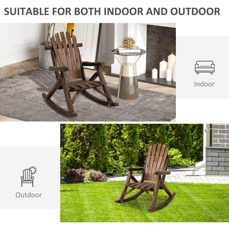 Outsunny Outdoor Wooden Rocking Chair, Single Person Adirondack Rocking Patio Chair With Rustic High Back, Slatted Seat And Backrest For Indoor, Backyard, Garden, Carbonized
