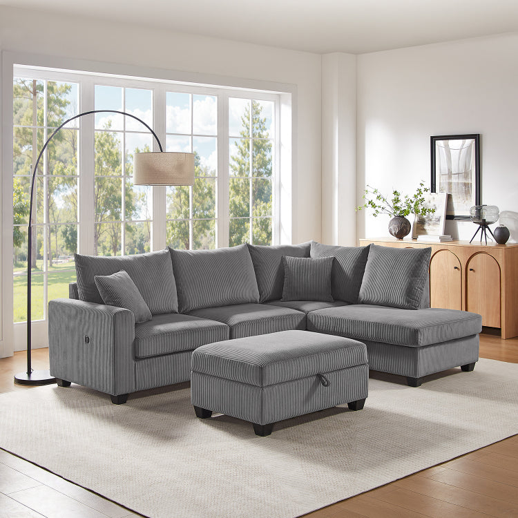 Rowan 107"W Dark Gray Corduroy Fabric Sectional Sofa With Right Facing Chaise, Usb & Usb C Charging Port, Storage Ottoman, And Pillows