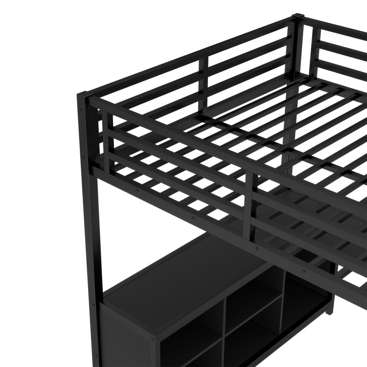 Metal Loft Bed With Wardrobe And L Shaped Desk, Full Size Loft Bed With Storage Cubes And Shelves, Loft Bed For Kids Teens Adults, Black