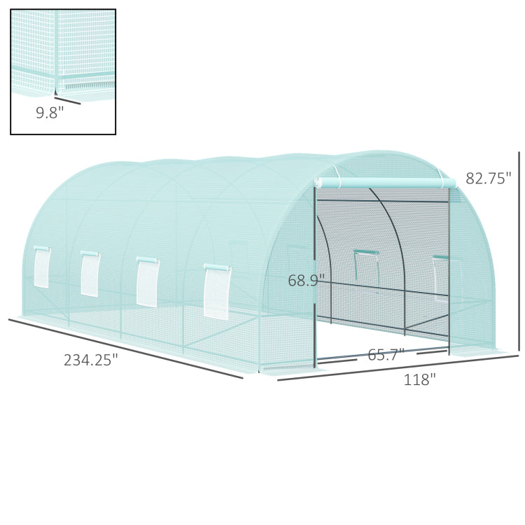 Outsunny 20' X 10' X 7' Walk In Tunnel Greenhouse, Garden Warm House, Large Hot House Kit With 8 Roll Up Windows & Roll Up Door, Steel Frame, Green