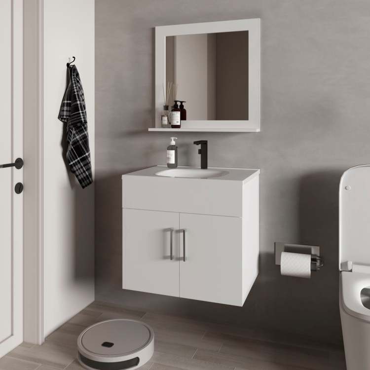 White 2 Door Floating Bathroom Vanity Set With Sink And Mirror