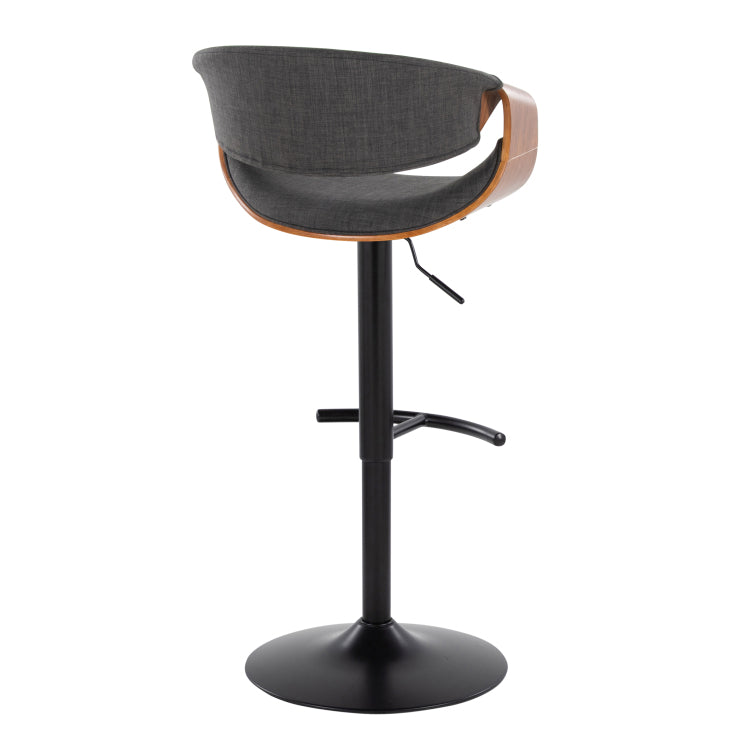 Mid Century Modern Adjustable Barstool With Swivel In Black Metal, Walnut Wood And Charcoal Fabric With Rounded T Footrest Set Of 2