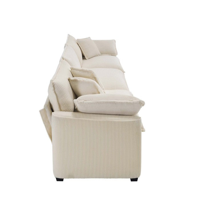 Mid Century Modern Sofa 3 Seater Sectional Sofa With 2 Arm Pillows And 3 Throw Pillows, Light Beige Corduroy Fabric