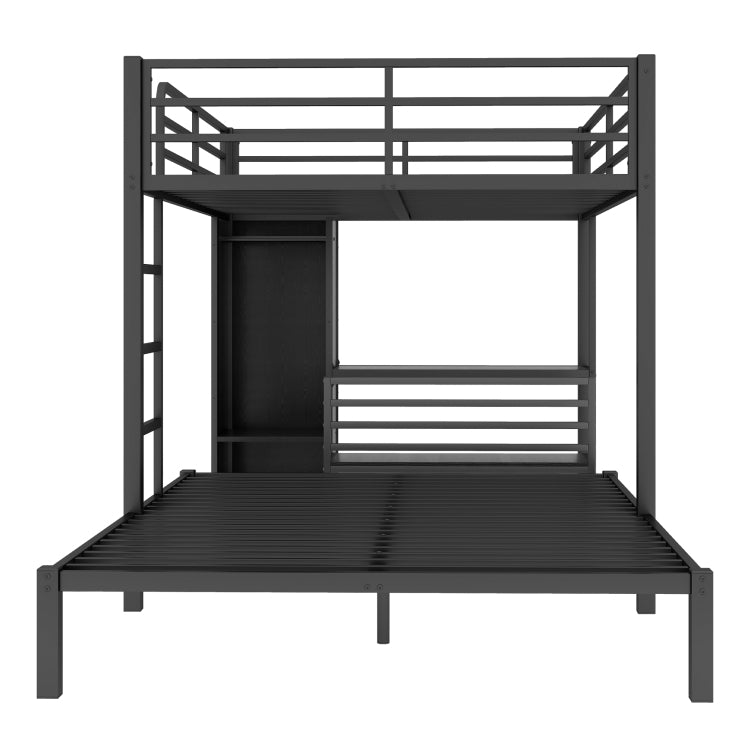 Queen Over Queen Size Bunk Bed Frame With Built In Wardrobe, Metal Bunk Bed With Desk And Storage Chairs, Black