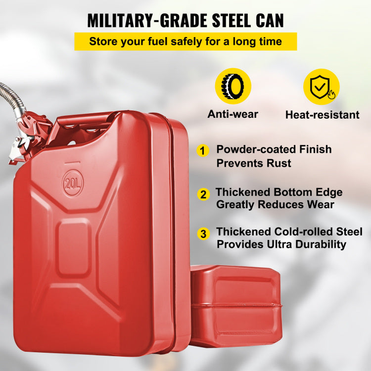 Jerry Fuel Can, 5.3 Gallon 20 L Portable Jerry Gas Can With Flexible Spout System, Rustproof Heat Resistant Steel Fuel Tank For Cars Trucks Equipment, 2Pcs Red