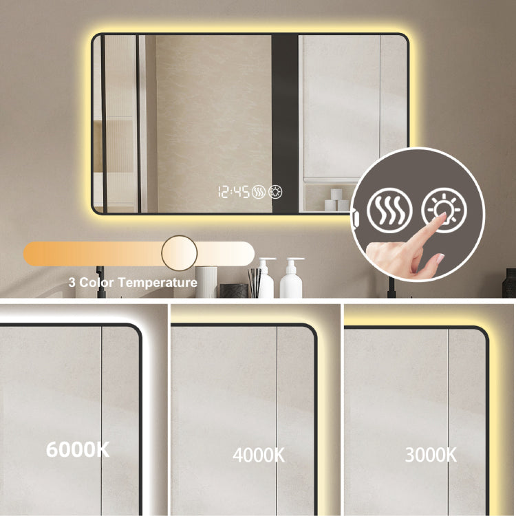 48X32 Black Frame Wall Mirror With Rounded Corners Vanity Mirror, Temperature Display, Tri Color Light, Defogging, High Quality Aluminum Alloy Frame, High Definition Tempered Glass