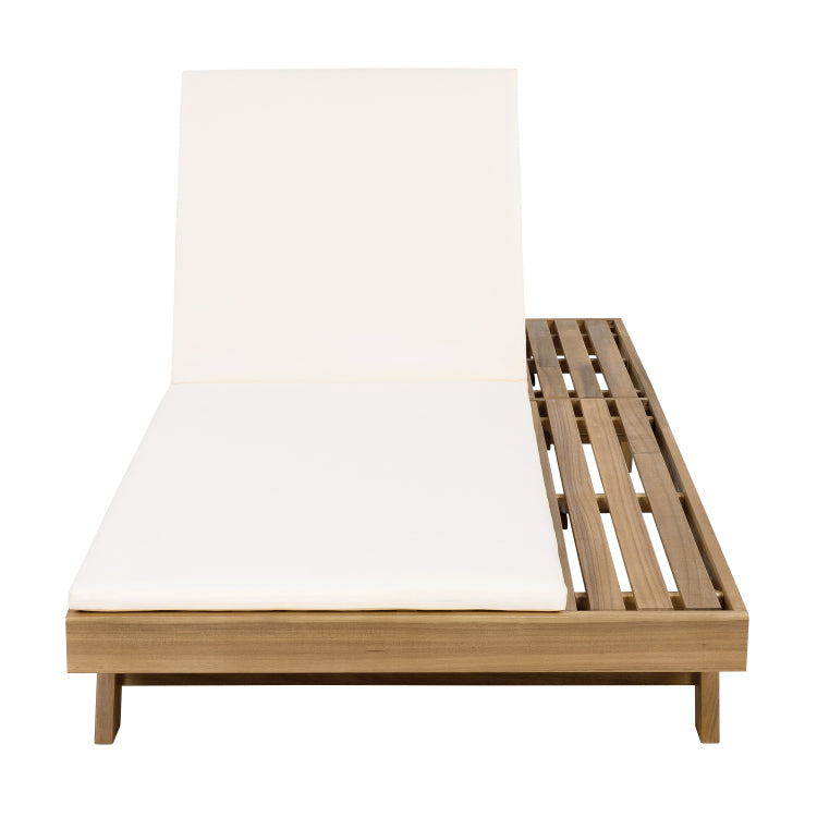 Lounge Chaise Set, Space Available On One Side, Acacia Wood In Light Brown With Water Resistant Lounge Cushions Cream & 2 Inch Thick Matching Dark Grey Leaf Coconut Version Available