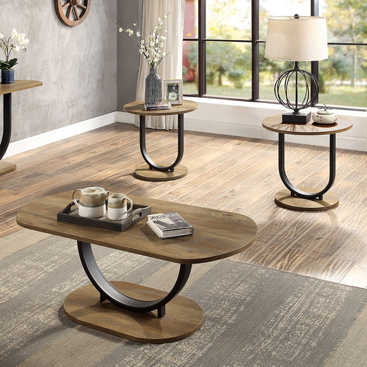 Industrial Style 3Pc Coffee Table Rustic Oak And Sand Black Finish U Shape Base Steel 1X Oval Coffee Table 2X Round End Table Replicated Wood Top