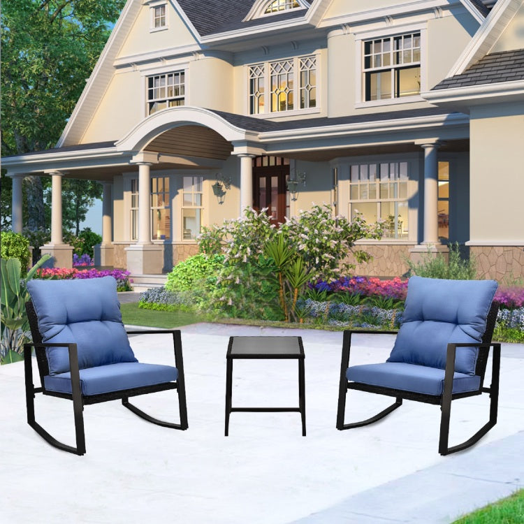3 Pieces Patio Bistro Set Outdoor Rocking Chair W Blue Cushion For Yard Garden Poolside