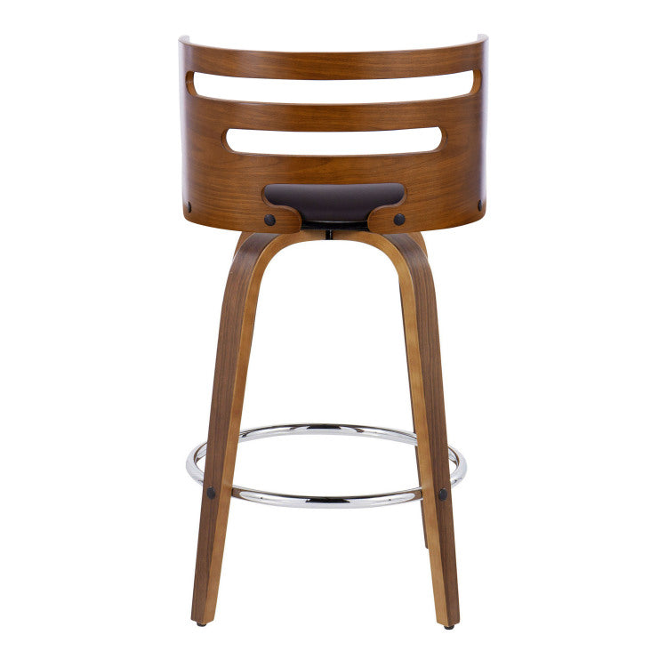 26" Mid Century Modern Fixed Height Barstool With Swivel In Walnut Wood And Brown Faux Leather With Round Chrome Metal Footrest Set Of 2