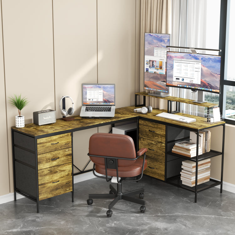 114" L Shaped Desk With Power Hub, Industrial Gaming Desk 6 Drawers, Removable Monitor Stand, Rustic Brown Home Office