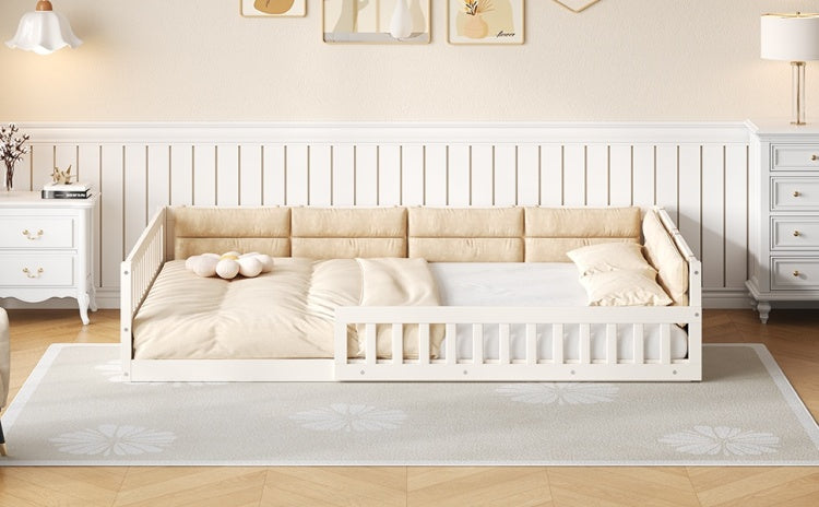 Wood Full Size Upholstered Platform Bed With Guardrail And Pillow, Beige
