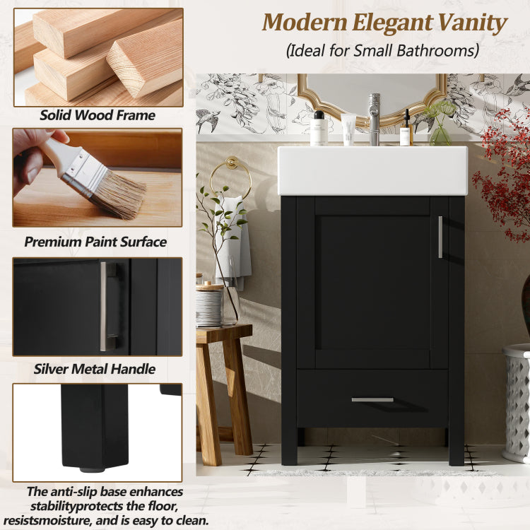 20.28'' Black Modern Bathroom Vanity With Ceramic Sink, Solid Wood Frame, And Drawer Ideal For Small Bathrooms