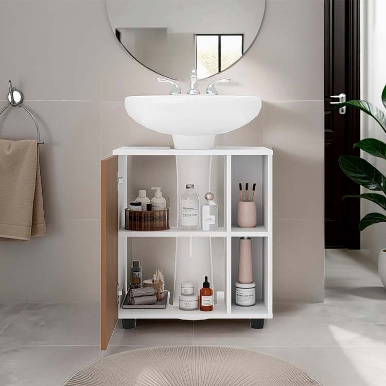 White And Natural Oak 1 Door Pedestal Sink Cabinet With 5 Open Compartments