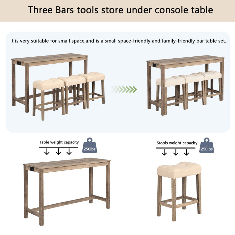 4 Piece Bar Table Set With Power Outlet, Dining Bar Table And Chairs Set,Bar Table Set With 3 Padded Stools For Living Room, Dining Room, Game Room, Brown