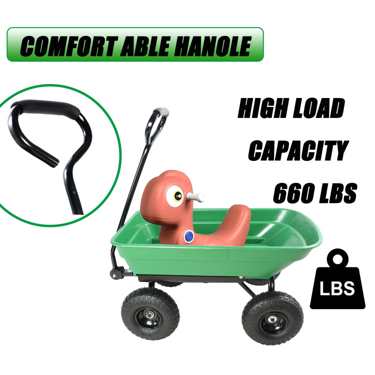 Folding Car Poly Garden Dump Truck With Steel Frame, 10 Inches. Pneumatic Tire, 300 Lb Capacity Body 55L Green