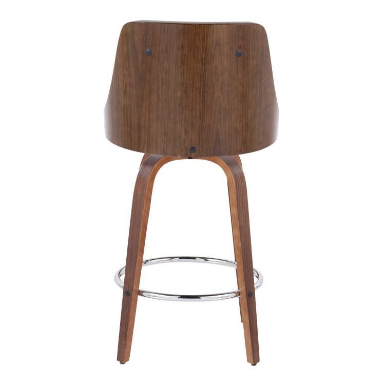 26" Mid Century Modern Fixed Height Counter Stool With Swivel In Walnut Wood And Light Grey Faux Leather With Round Chrome Metal Footrest Set Of 2