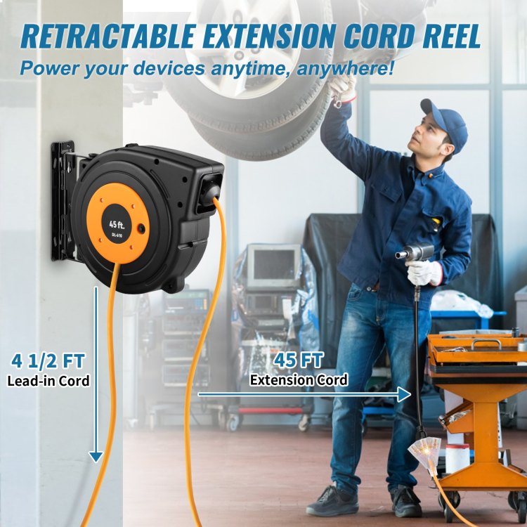 Retractable Extension Reel, Heavy Duty 12Awg 3C Sjtow Power Cord 45 Ft 12Awg, Black