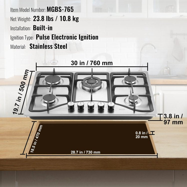 Gas Cooktop 30 Inch, Max 12250Btu 5 Burners Built In Stainless Steel Gas Stove Top, Lpg Ng Convertible Dual Fuel Natural Gas Hob With Thermocouple Protection
