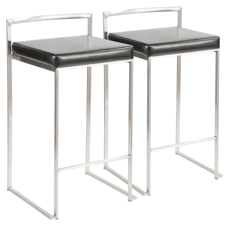 Contemporary Stackable Counter Stool In Black Faux Leather Set Of 2
