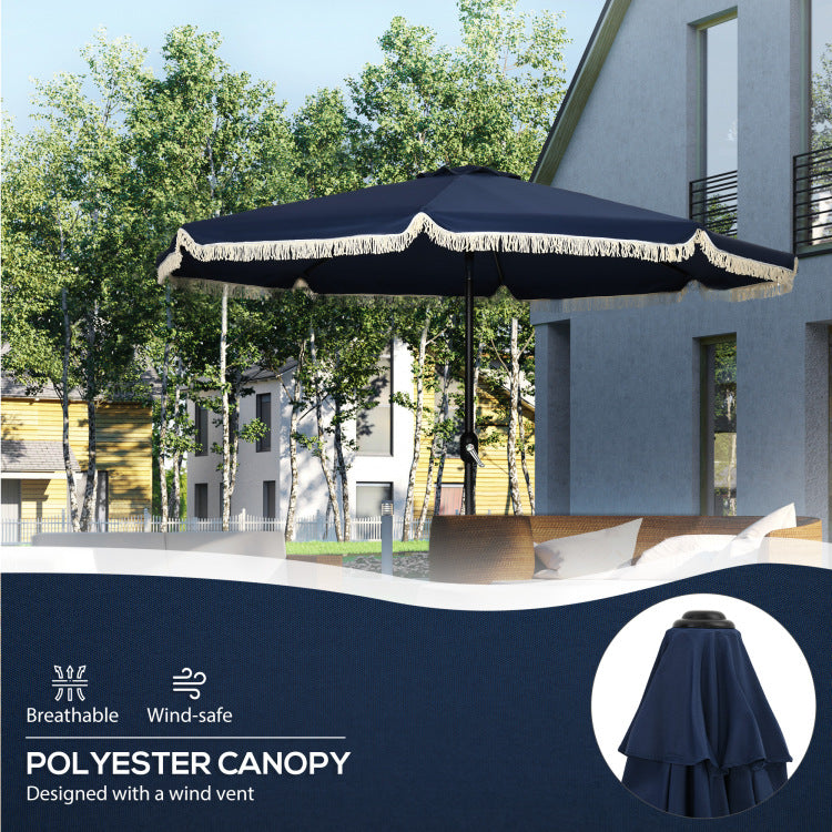 Outsunny 9Ft Patio Umbrella With Push Button Tilt And Crank, Ruffled Outdoor Market Table Umbrella With Tassles And 8 Ribs, For Garden, Deck, Pool, Dark Blue