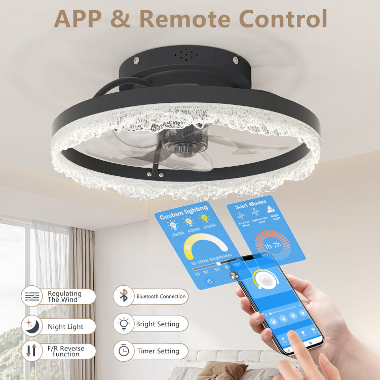 16" Decorative Led Light Modern Flush Mount With Crystal Inspired Acrylic Ring, Hidden Blades, Remote Control, And Dimmable Light For Stylish Homes Black