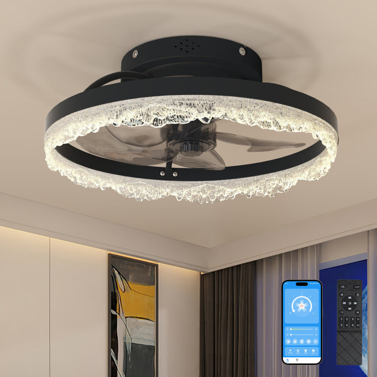 16" Decorative Led Light Modern Flush Mount With Crystal Inspired Acrylic Ring, Hidden Blades, Remote Control, And Dimmable Light For Stylish Homes Black