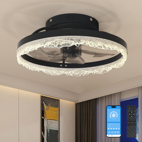 16" Decorative Led Light Modern Flush Mount With Crystal Inspired Acrylic Ring, Hidden Blades, Remote Control, And Dimmable Light For Stylish Homes Black