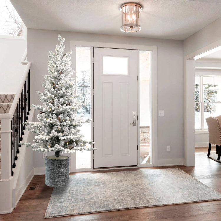 4.5Ft Flocked Christmas Tree With Pot Base, 150 Warm White Led Lights, 720 Tips, Pe Pvc Branches With 19 Pine Cones Small Prelit Holiday Tree For Tabletop, Entryway, Or Home Decor