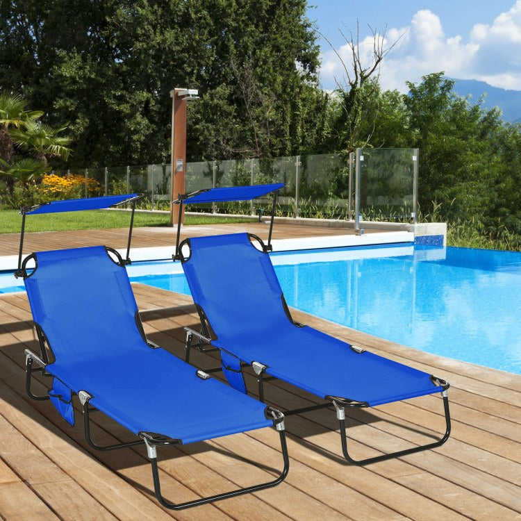 Outsunny Folding Chaise Lounge Pool Chairs, Outdoor Sun Tanning Chairs With Canopy Shade, Reclining Back, Steel Frame And Side Pocket For Beach, Yard, Patio, Blue