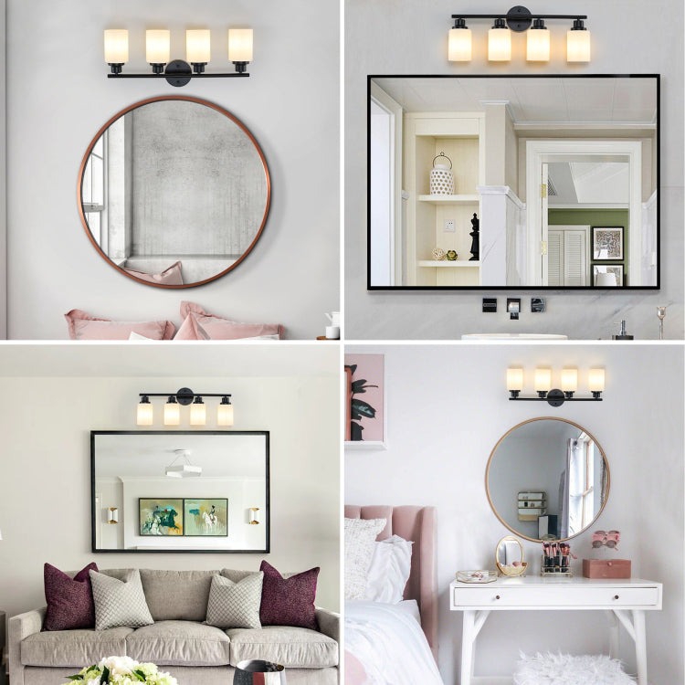 24" Modern 4 Light Vanity Bathroom Mirror Light, Frosted White Glass With Black Iron Frame, Contemporary Wall Sconce For Bedroom, Bathroom, And Dressing Room Bulb Not Included