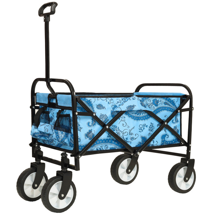 Minimeetall Colorful Collapsible Foldable Wagon Cart With Strapping System, Beach Wagon ,Utility Wagon Grocery Cart Camping Shopping Sports Gardeing Fishing Supports 225Lbs,Flower Blue Light