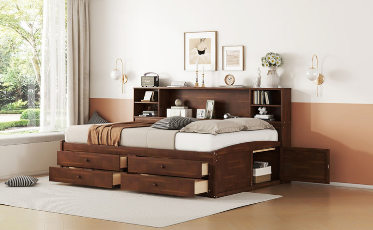 Full Size Wooden Captain Bed With Built In Storage Shelves, 4 Drawers And 2 Cabinets, Antique Brown