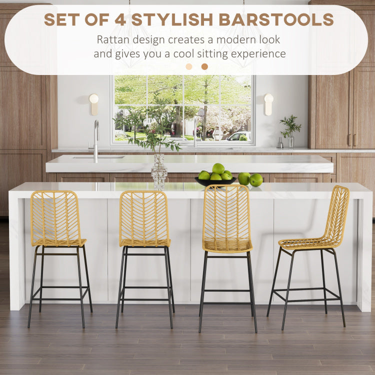 Homcom Rattan Bar Stools Set Of 4, 26" Counter Height Barstools, Boho Kitchen Island Stools With Wicker Seat And Back, Yellow