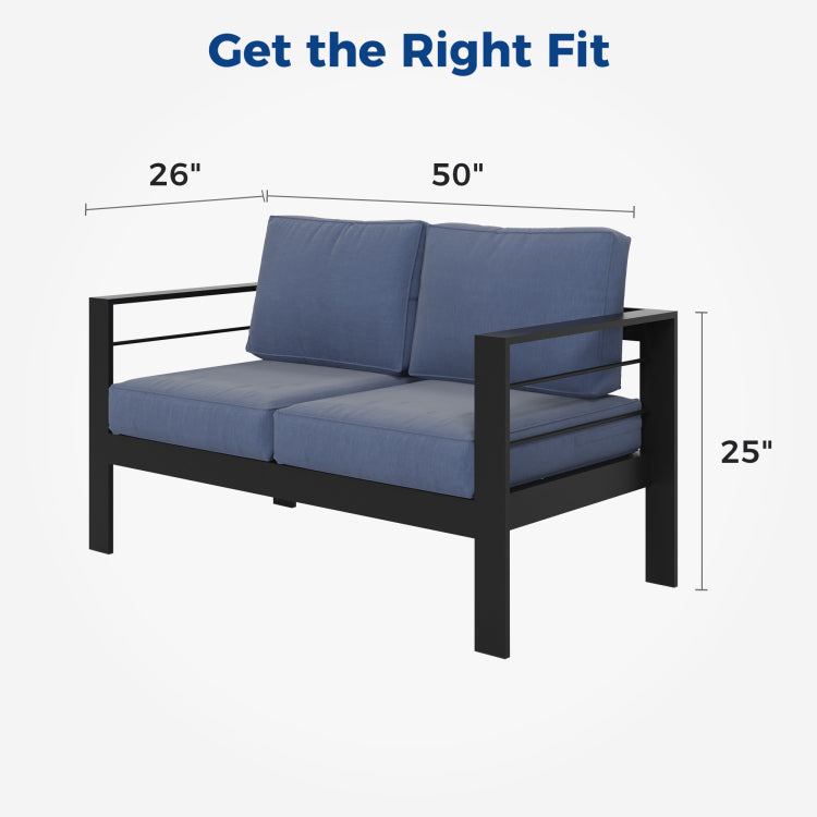Outdoor Loveseat, All Weather Metal Aluminum Outdoor Patio Furniture Sofa With 5" Thick And Soft Cushion Blue
