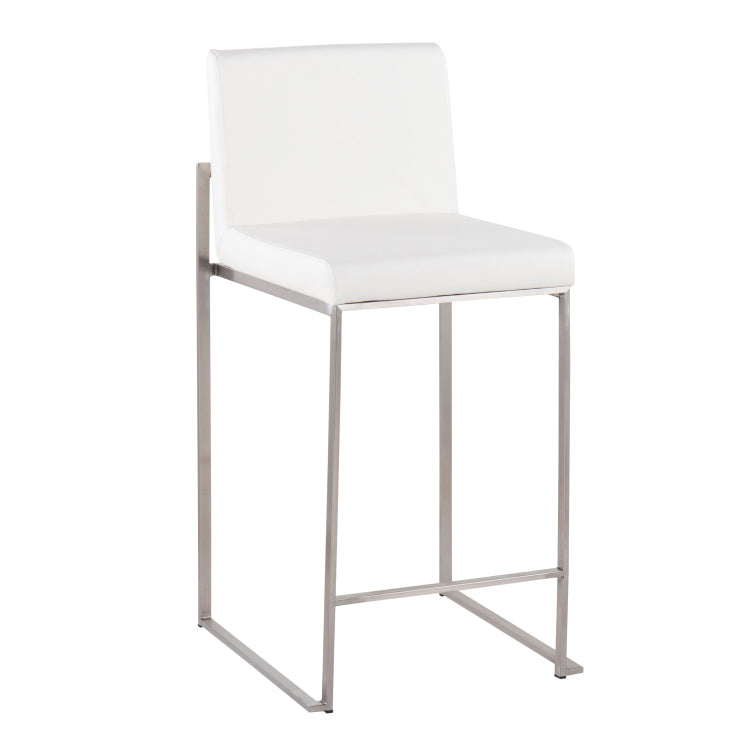 26" Contemporary High Back Counter Stool In Stainless Steel And White Faux Leather Set Of 3