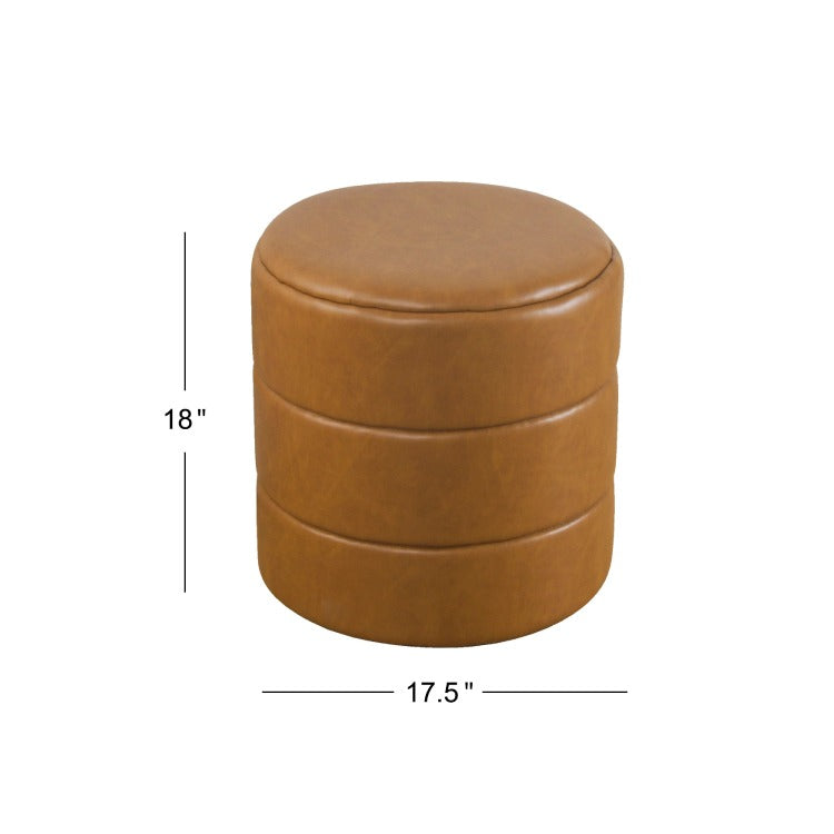 Sem Round Accent Ottoman, Brown Channel Tufted Faux Leather 18 Inch