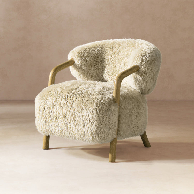 Becker 33" Rustic Oak Sheepskin Upholstered Accent Arm Chair, Taupe Beige Genuine Fur