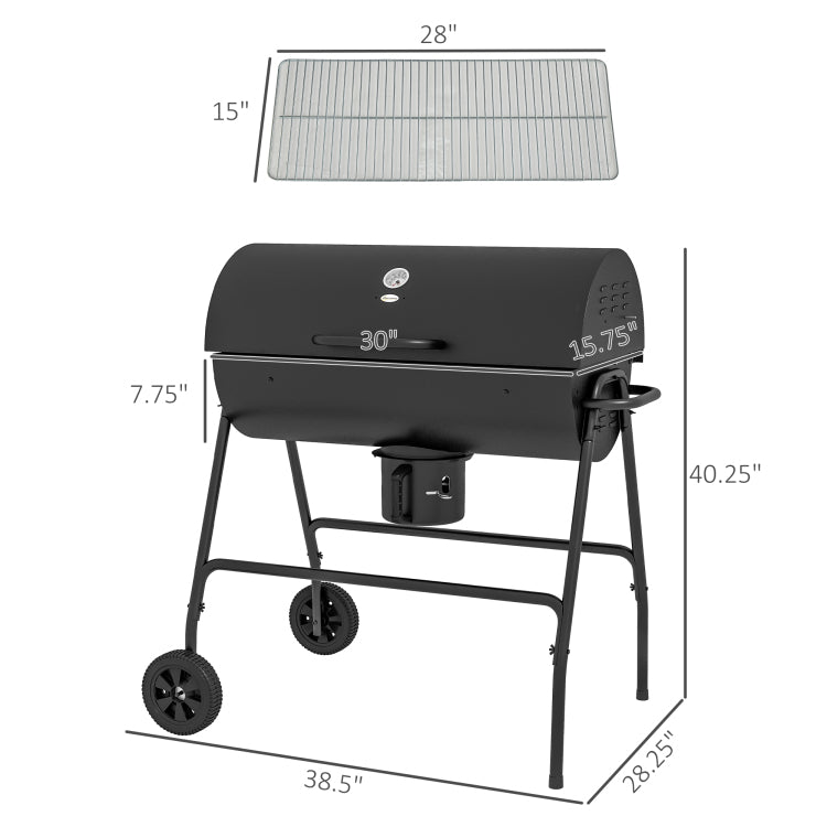 Outsunny Barrel Charcoal Bbq Grill With 420 Sq.In. Cooking Area, Outdoor Barbecue With Wheels, Ash Catcher And Built In Thermometer For Patio Picnic, Backyard Party, Black