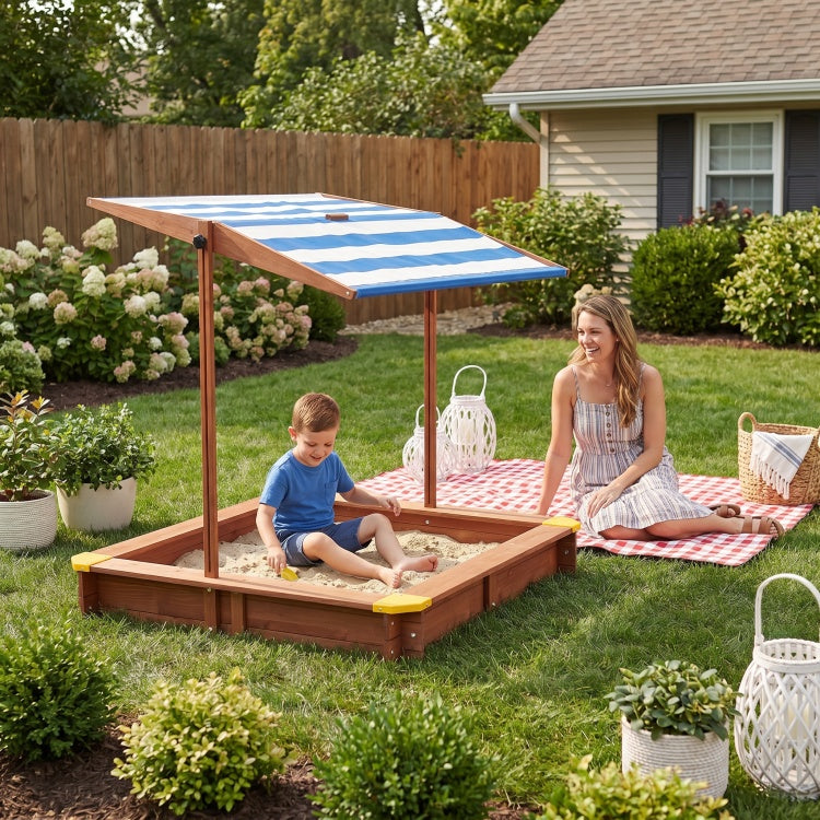Kids Sandbox With Cover, 46" Wooden Sand Box W Adjustable Canopy, Large Outdoor Cedar Sandpit For Backyard Play