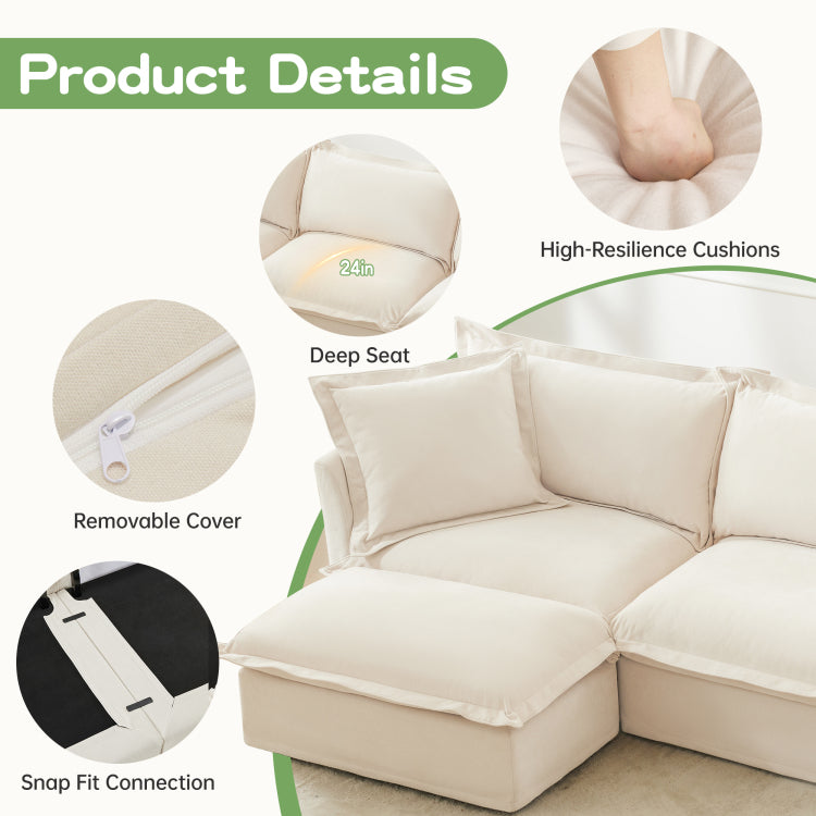 Slipcovered Sectional 2 Seater Sofa Couch With Convertible Ottoman, Wide And Deep Seat L Shaped Sofa With Detachable Cover And Soft Multiple Big Pillows, Chenille Fabric, Cream