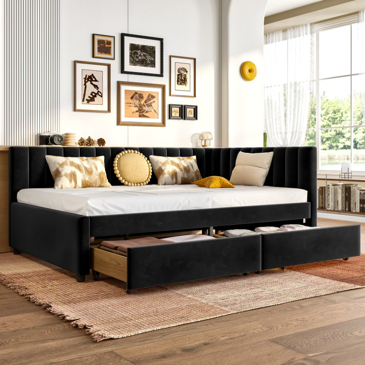 Full Size Daybed With Storage Drawers Upholstered Corner Bed With L Shaped Headboard Velvet Daybed Frame For Living Room Guest Room