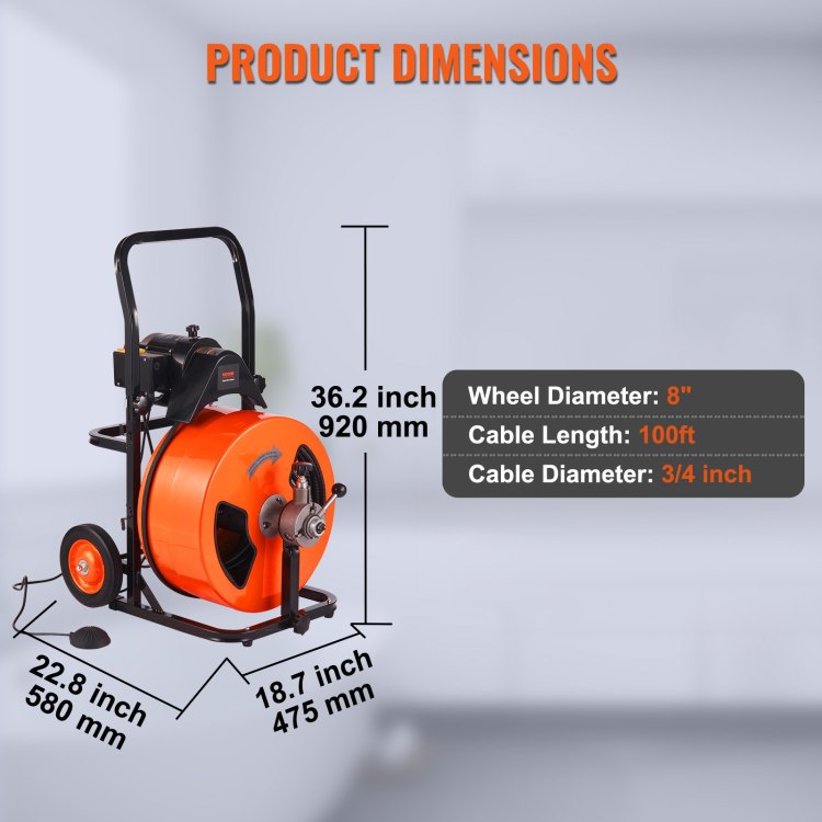 Drain Cleaning Machine 100Ft X 3 4 Inch, Sewer Snake Machine Auto Feed, Drain Auger Cleaner With 4 Cutter & Air Activated Foot Switch For 1" To 4" Pipes