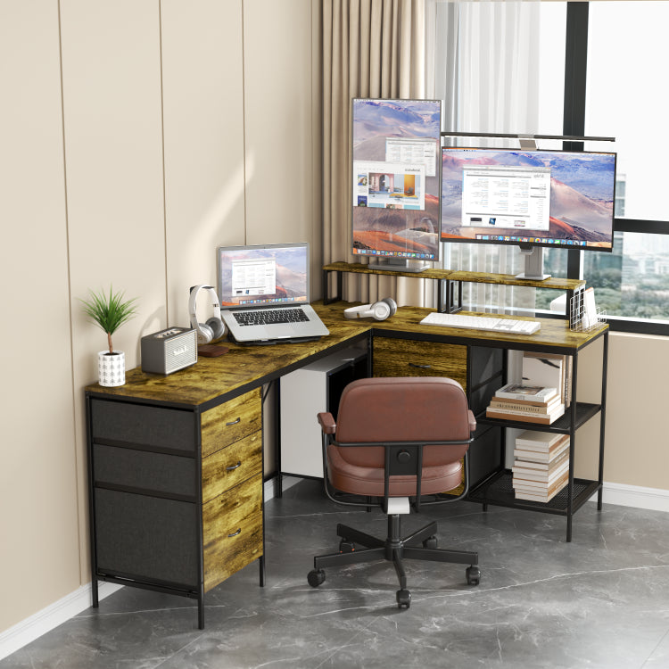 114" L Shaped Desk With Power Hub, Industrial Gaming Desk 6 Drawers, Removable Monitor Stand, Rustic Brown Home Office