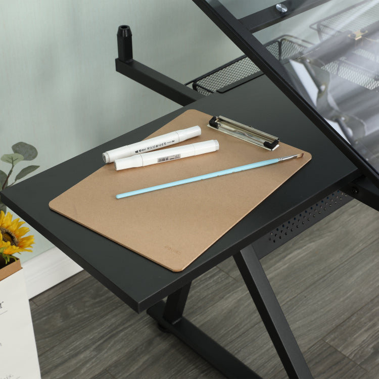 Drafting Table, 0 75 Adjustable Glass Top Artist Table Height Adjustable Drafting Desk With Large Storage For Painting & Crafting Ideal For Designers And Art Students Black