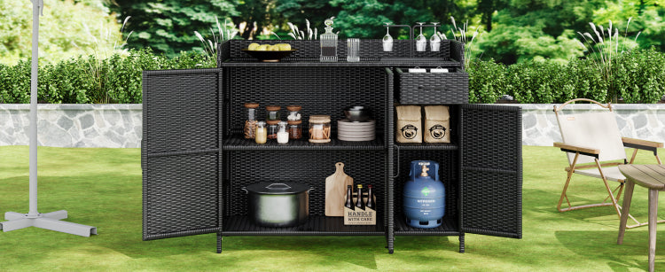 K&K 47.5"W Wicker Outdoor Storage Cabinet With Tempered Glass Desktop, Weather Proof Rattan Bar Table With Three Doors, Adjustable Shelf, And One Drawer, For Outdoor Cushions, Pool Toys , Black