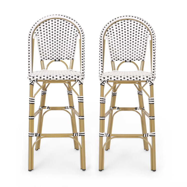 29.5" Outdoor Pe Rattan French Barstool, White And Black, Aluminum Frame With Bamboo Finish Set Of 2