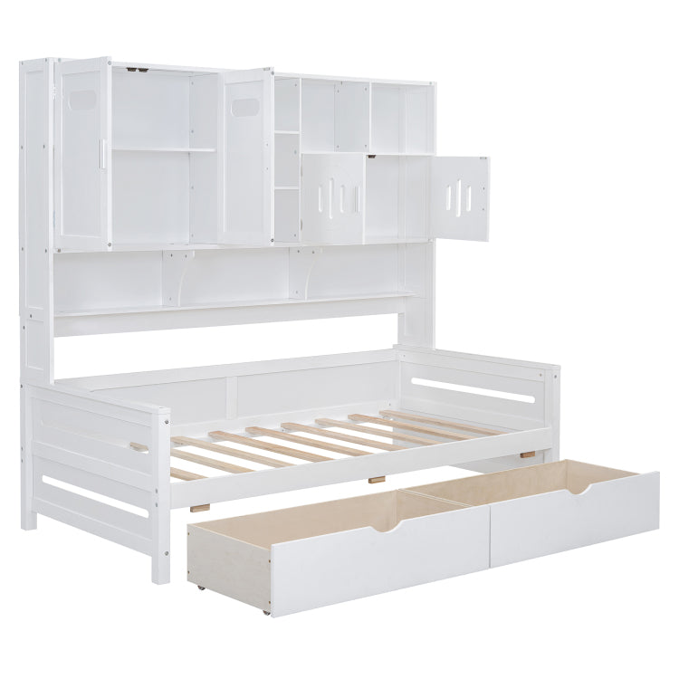 Twin Size Wooden Daybed With 2 Drawers, And All In One Cabinet And Shelf, White