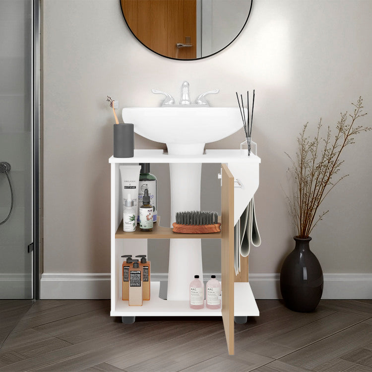 As Crz Under Sink Storage Cabinet For Pedestal Sink, Compact Bathroom Organizer With Side Compartment, White And Natural Oak